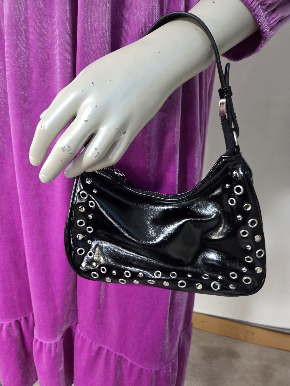 Grommet-Trim Black Patent Shoulder Bag